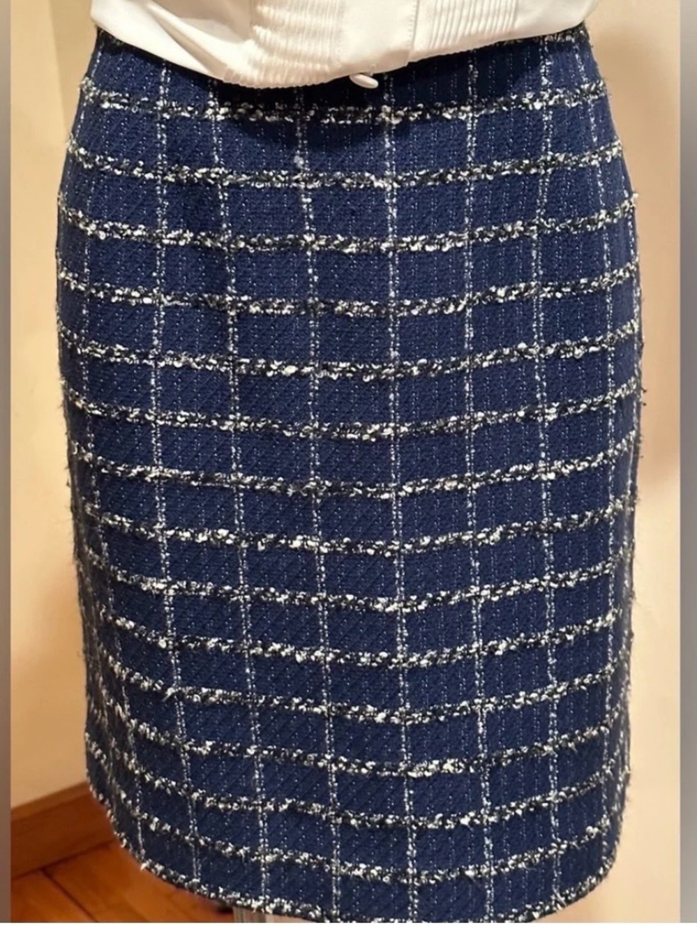 Talbots Navy Tweed Check Pencil Skirt with White Accents